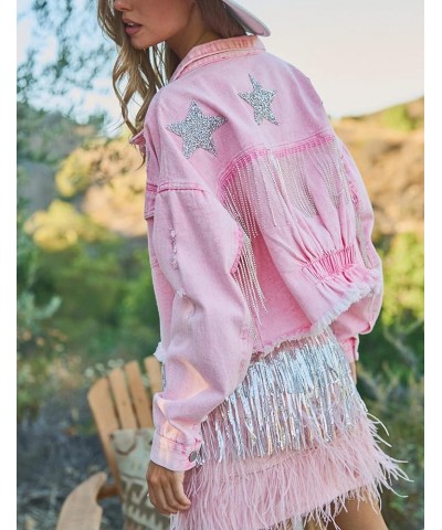 Womens Cropped Sparkling Rhinestone Fringe Jean Jacket Glittering Star Denim Jacket Pink $32.44 Jackets