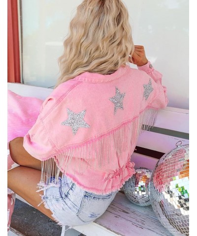 Womens Cropped Sparkling Rhinestone Fringe Jean Jacket Glittering Star Denim Jacket Pink $32.44 Jackets