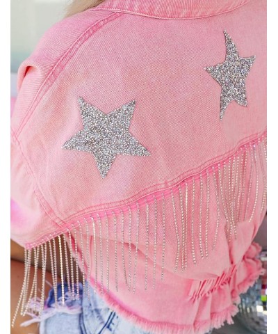 Womens Cropped Sparkling Rhinestone Fringe Jean Jacket Glittering Star Denim Jacket Pink $32.44 Jackets