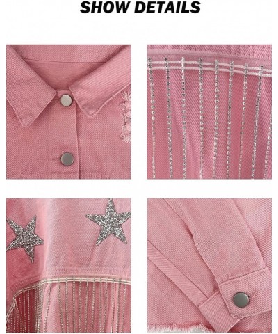 Womens Cropped Sparkling Rhinestone Fringe Jean Jacket Glittering Star Denim Jacket Pink $32.44 Jackets