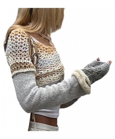 Women's Crochet Knit Mesh Sweater Square Neck Long Sleeve Color Block Y2k Pullover Crop Tops Blouse Tops 11-multi-color-grey ...