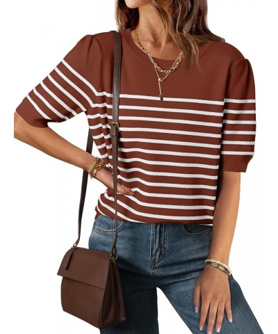 Women's Casual Striped Tops Short Sleeve Crew Neck Ribbed Knit T Shirts Comfy Loose Basic Pullover Sweater Brown $18.35 Sweaters