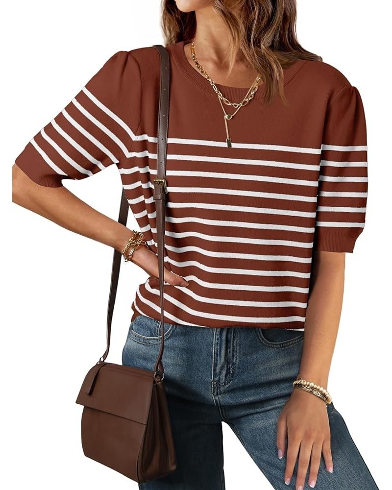 Women's Casual Striped Tops Short Sleeve Crew Neck Ribbed Knit T Shirts Comfy Loose Basic Pullover Sweater Brown $18.35 Sweaters