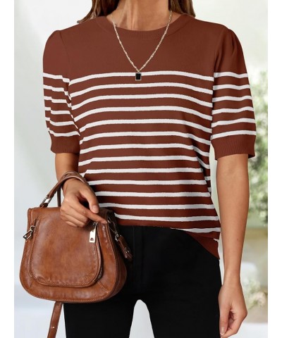 Women's Casual Striped Tops Short Sleeve Crew Neck Ribbed Knit T Shirts Comfy Loose Basic Pullover Sweater Brown $18.35 Sweaters