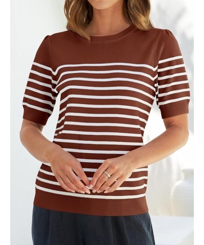 Women's Casual Striped Tops Short Sleeve Crew Neck Ribbed Knit T Shirts Comfy Loose Basic Pullover Sweater Brown $18.35 Sweaters