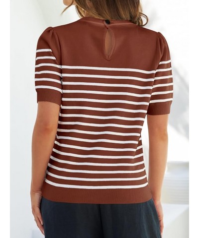 Women's Casual Striped Tops Short Sleeve Crew Neck Ribbed Knit T Shirts Comfy Loose Basic Pullover Sweater Brown $18.35 Sweaters