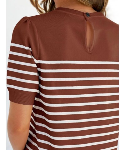 Women's Casual Striped Tops Short Sleeve Crew Neck Ribbed Knit T Shirts Comfy Loose Basic Pullover Sweater Brown $18.35 Sweaters