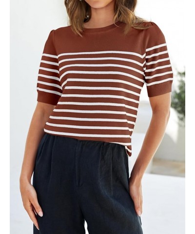 Women's Casual Striped Tops Short Sleeve Crew Neck Ribbed Knit T Shirts Comfy Loose Basic Pullover Sweater Brown $18.35 Sweaters