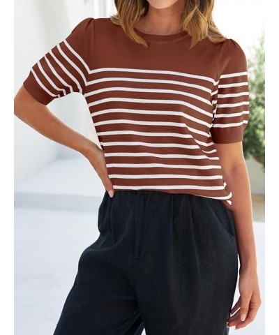 Women's Casual Striped Tops Short Sleeve Crew Neck Ribbed Knit T Shirts Comfy Loose Basic Pullover Sweater Brown $18.35 Sweaters