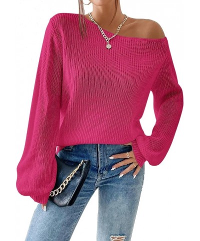 Women's Casual Lantern Long Sleeve Sweaters Crew Neck Ribbed Knitted Pullover Tops Hot Pink $17.67 Sweaters