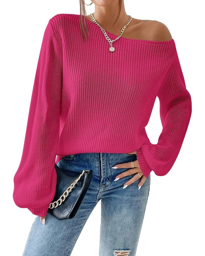 Women's Casual Lantern Long Sleeve Sweaters Crew Neck Ribbed Knitted Pullover Tops Hot Pink $17.67 Sweaters