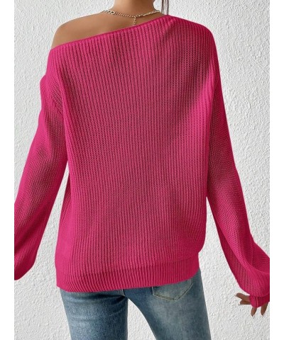 Women's Casual Lantern Long Sleeve Sweaters Crew Neck Ribbed Knitted Pullover Tops Hot Pink $17.67 Sweaters