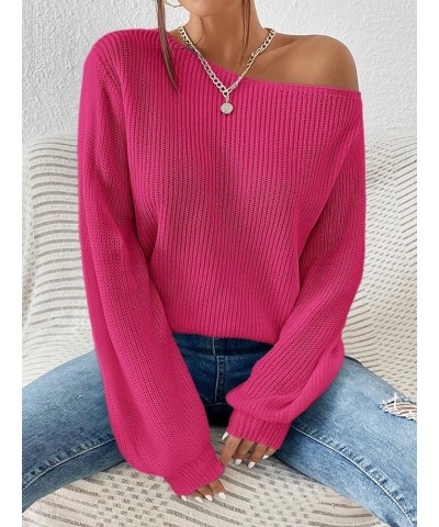 Women's Casual Lantern Long Sleeve Sweaters Crew Neck Ribbed Knitted Pullover Tops Hot Pink $17.67 Sweaters