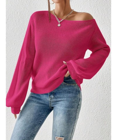 Women's Casual Lantern Long Sleeve Sweaters Crew Neck Ribbed Knitted Pullover Tops Hot Pink $17.67 Sweaters