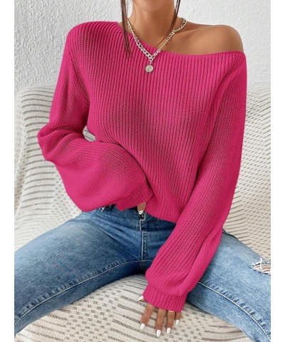 Women's Casual Lantern Long Sleeve Sweaters Crew Neck Ribbed Knitted Pullover Tops Hot Pink $17.67 Sweaters