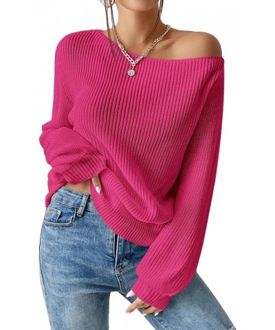 Women's Casual Lantern Long Sleeve Sweaters Crew Neck Ribbed Knitted Pullover Tops Hot Pink $17.67 Sweaters