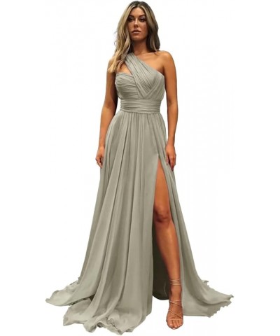 One Shoulder Bridesmaid Dresses Chiffon Long Prom Evening Formal Gowns with Slit for Wedding Silver $29.25 Dresses