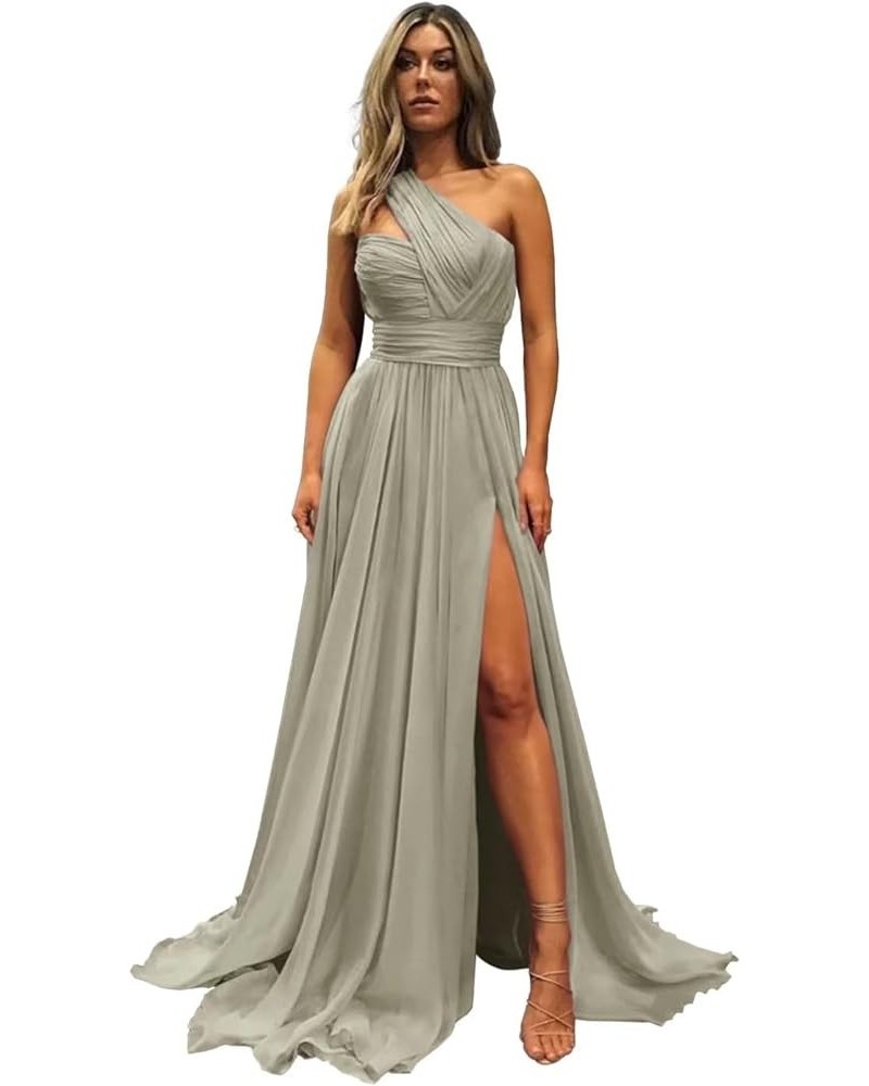 One Shoulder Bridesmaid Dresses Chiffon Long Prom Evening Formal Gowns with Slit for Wedding Silver $29.25 Dresses