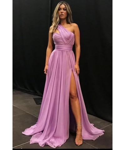 One Shoulder Bridesmaid Dresses Chiffon Long Prom Evening Formal Gowns with Slit for Wedding Silver $29.25 Dresses