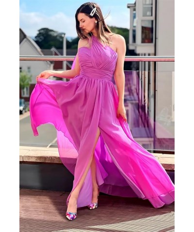 One Shoulder Bridesmaid Dresses Chiffon Long Prom Evening Formal Gowns with Slit for Wedding Silver $29.25 Dresses