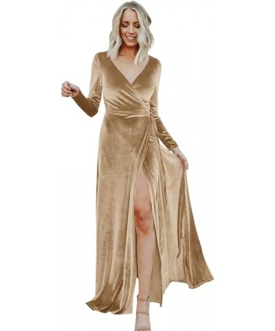 Women's Velvet Wrap Dresses V Neck Bridesmaid Dresses Long Sleeve Formal Evening Gowns Champagne-long-sleeve $27.20 Dresses