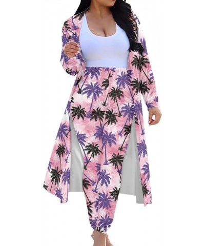 Womens Hawaiian Tropical Printed 2 Piece Outfit Open Front Coat and Pencil Pant Suits Set Palm Coconut Tree $18.33 Suits