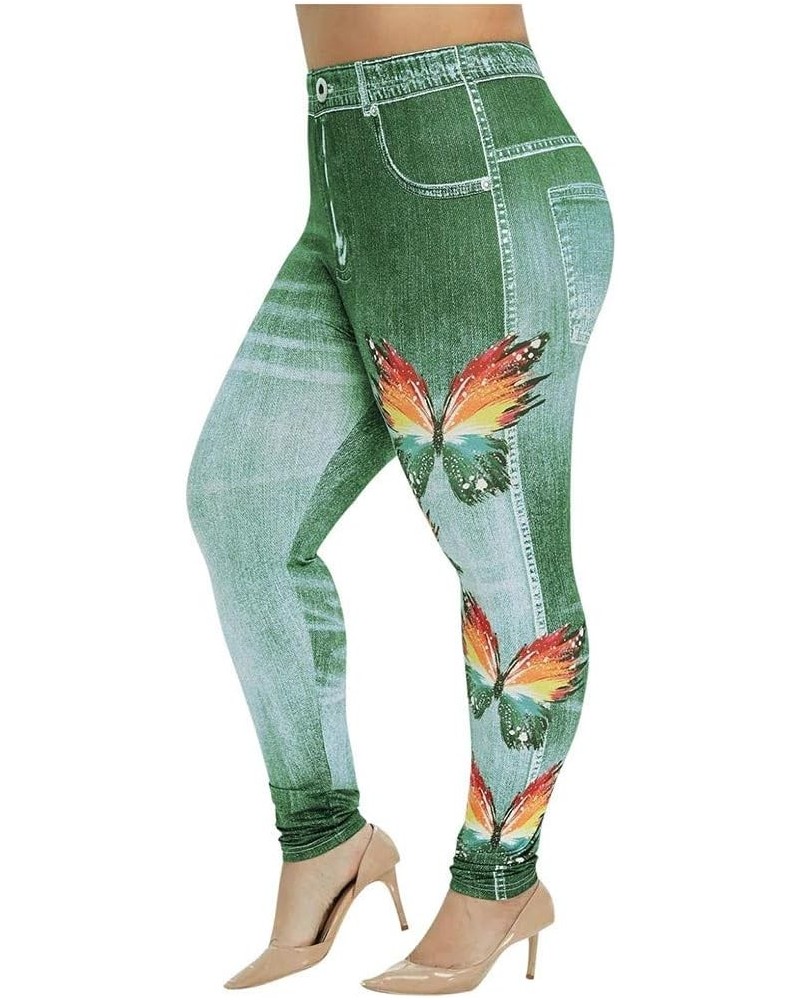 Stretchy Comfy Seamless Skinny Denim Flower Print Fake Jeans Seamless Full Length Leggings Light Blue $3.64 Leggings