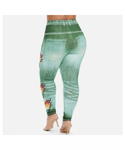 Stretchy Comfy Seamless Skinny Denim Flower Print Fake Jeans Seamless Full Length Leggings Light Blue $3.64 Leggings