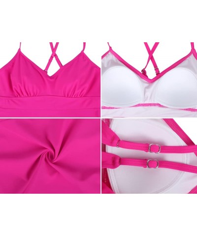 Women's Tankini Tops V Neck Swimsuit Flowy Swimwear Crossback Swim Top Hot Pink $16.81 Swimsuits