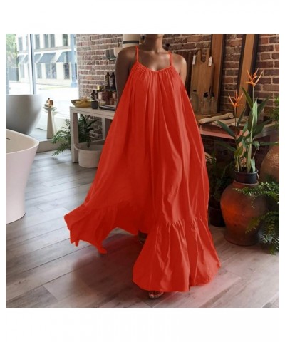 Womens Sexy Spaghetti Strap Sleeveless Ruched Ruffle Hem Bandage Oversized Summer Beach Loose Long Maxi Swing Dress Orange $7...