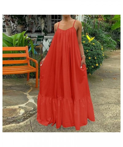 Womens Sexy Spaghetti Strap Sleeveless Ruched Ruffle Hem Bandage Oversized Summer Beach Loose Long Maxi Swing Dress Orange $7...