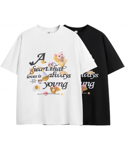 Graphic Tees Men, Vintage Y2K Printed T-Shirt, Summer Unisex Crew Neck Cotton Tops, Casual Shirt for Men, Women Cat-white $17...