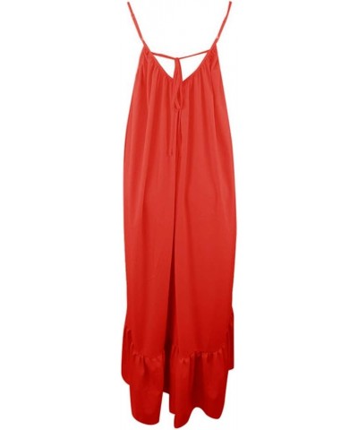 Womens Sexy Spaghetti Strap Sleeveless Ruched Ruffle Hem Bandage Oversized Summer Beach Loose Long Maxi Swing Dress Orange $7...