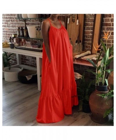 Womens Sexy Spaghetti Strap Sleeveless Ruched Ruffle Hem Bandage Oversized Summer Beach Loose Long Maxi Swing Dress Orange $7...