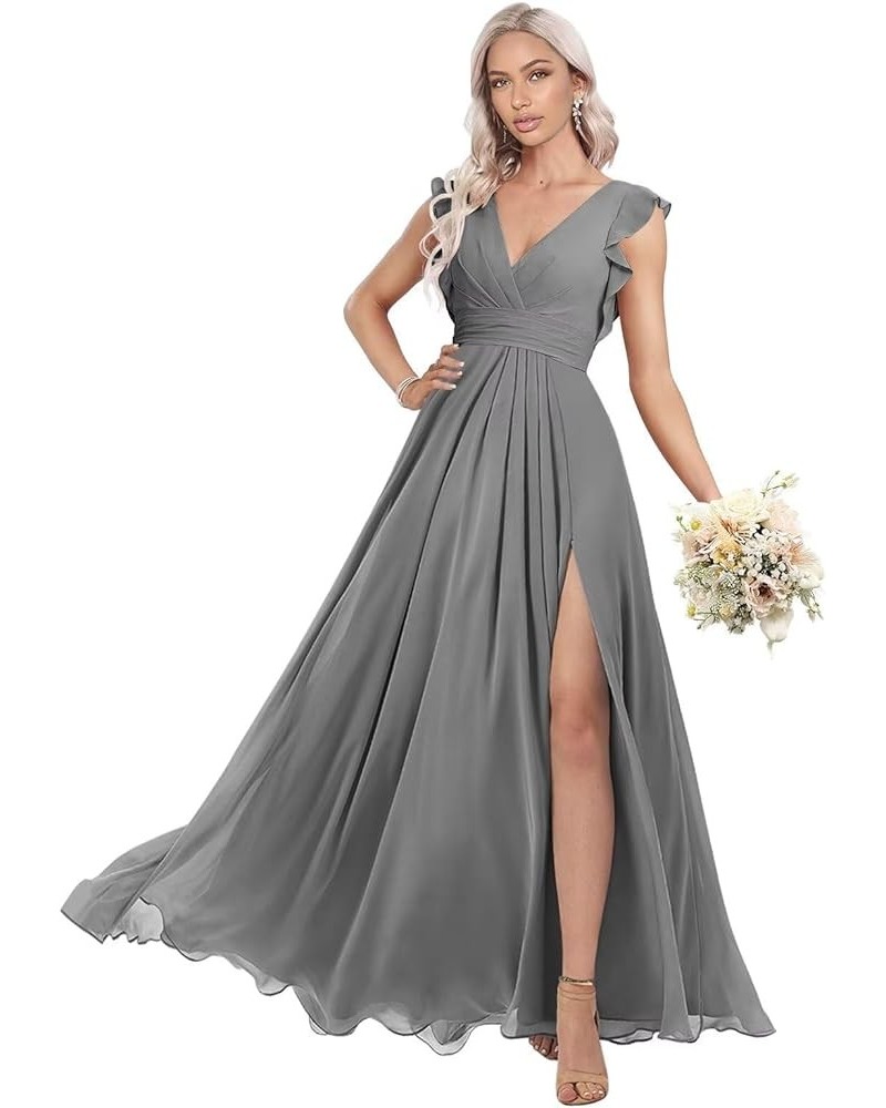 Women's Ruffles Bridesmaid Dresses with Slit Long V Neck Formal Party Dress with Pockets KO009 Gray $29.14 Dresses