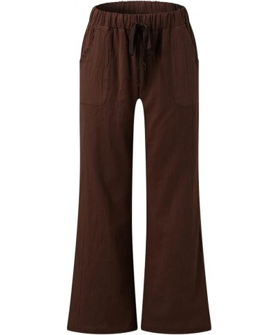 Drawstring Cotton Linen Pants for Women Low Waist Beach Trousers with Pockets Palazzo Exercise Pants with Pocket (Brown, S) X...