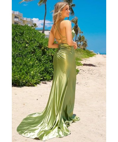 Satin Cowl Neck Prom Dresses Long 2024 Spaghetti Straps Corset Mermaid Evening Gowns with Slit Peacock $35.00 Dresses