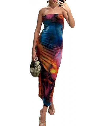 Chic Tube Maxi Dress Women Strapless Low Cut Backless Skinny Long Dress Going Out Formal Wedding Guest Dress Tie Die Blue $10...