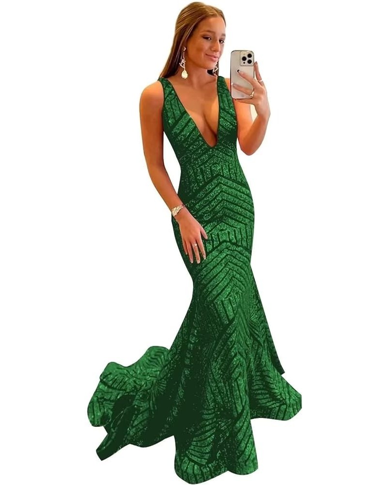 Women's Mermaid Prom Dresses 2023 Deep V Neck Sparkly Sequin Bridesmaid Dress Formal Evening Dress for Women,R112 Emerald Gre...