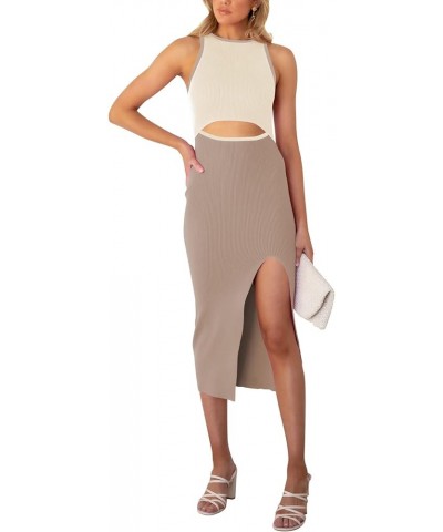 Women's Cutout Crew Neck Sleeveless Tank Slit Ribbed Bodycon Midi Dresses Beige and Khaki $21.00 Dresses