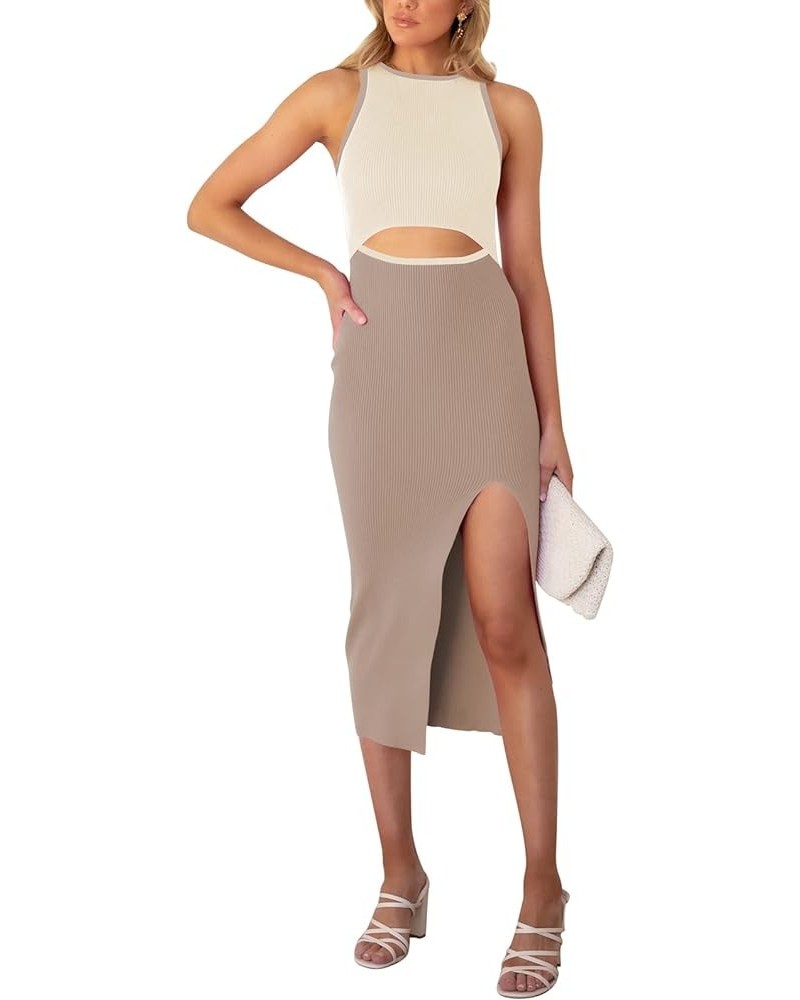 Women's Cutout Crew Neck Sleeveless Tank Slit Ribbed Bodycon Midi Dresses Beige and Khaki $21.00 Dresses