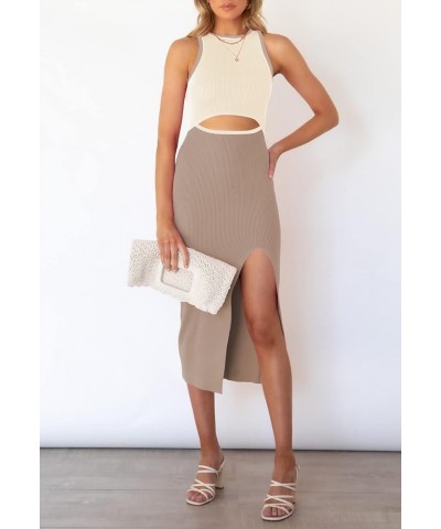 Women's Cutout Crew Neck Sleeveless Tank Slit Ribbed Bodycon Midi Dresses Beige and Khaki $21.00 Dresses