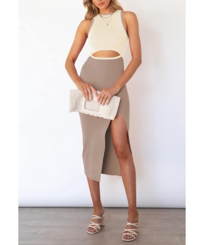 Women's Cutout Crew Neck Sleeveless Tank Slit Ribbed Bodycon Midi Dresses Beige and Khaki $21.00 Dresses