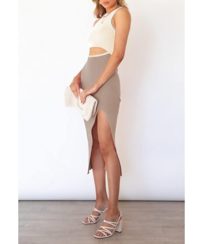 Women's Cutout Crew Neck Sleeveless Tank Slit Ribbed Bodycon Midi Dresses Beige and Khaki $21.00 Dresses