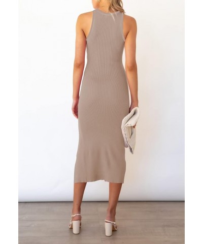 Women's Cutout Crew Neck Sleeveless Tank Slit Ribbed Bodycon Midi Dresses Beige and Khaki $21.00 Dresses