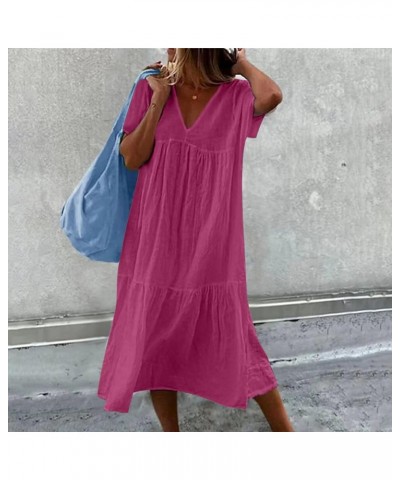 Women's Short Sleeve V Neck Cotton Linen Midi Dresses Casual Loose Solid Color Tiered Pleated Dress for Women H-rose Red $13....