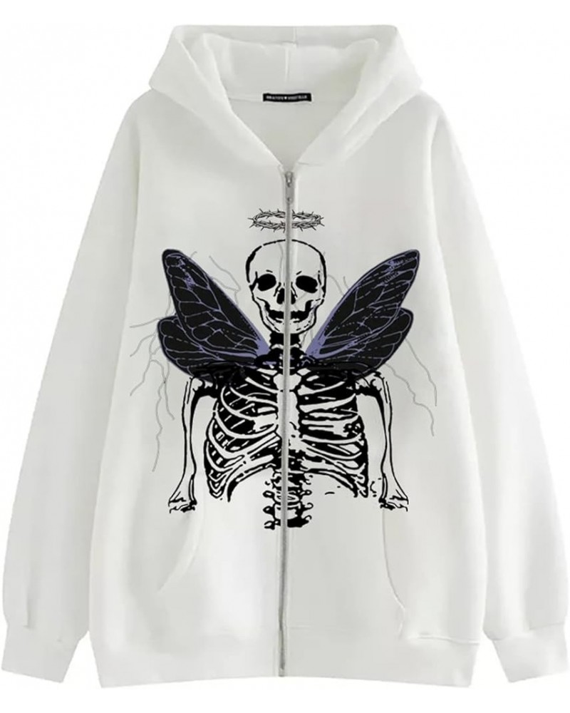 Y2k Full Zip Up Hoodie Women Oversized Goth Sweatshirt E-Girl Rhinestone Long Sleeve Graphic Jacket Streetwear 9-white $10.87...