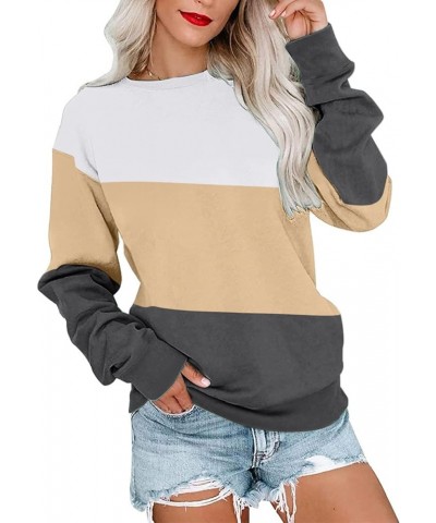 Womens Crew Neck Color Block/Solid Sweatshirts Tops Long Sleeve Casual Pullover Cute Lightweight Loose Tops E- White Beige Ch...