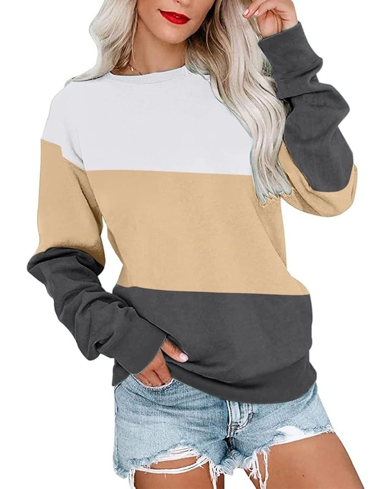 Womens Crew Neck Color Block/Solid Sweatshirts Tops Long Sleeve Casual Pullover Cute Lightweight Loose Tops E- White Beige Ch...