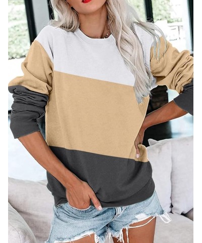 Womens Crew Neck Color Block/Solid Sweatshirts Tops Long Sleeve Casual Pullover Cute Lightweight Loose Tops E- White Beige Ch...